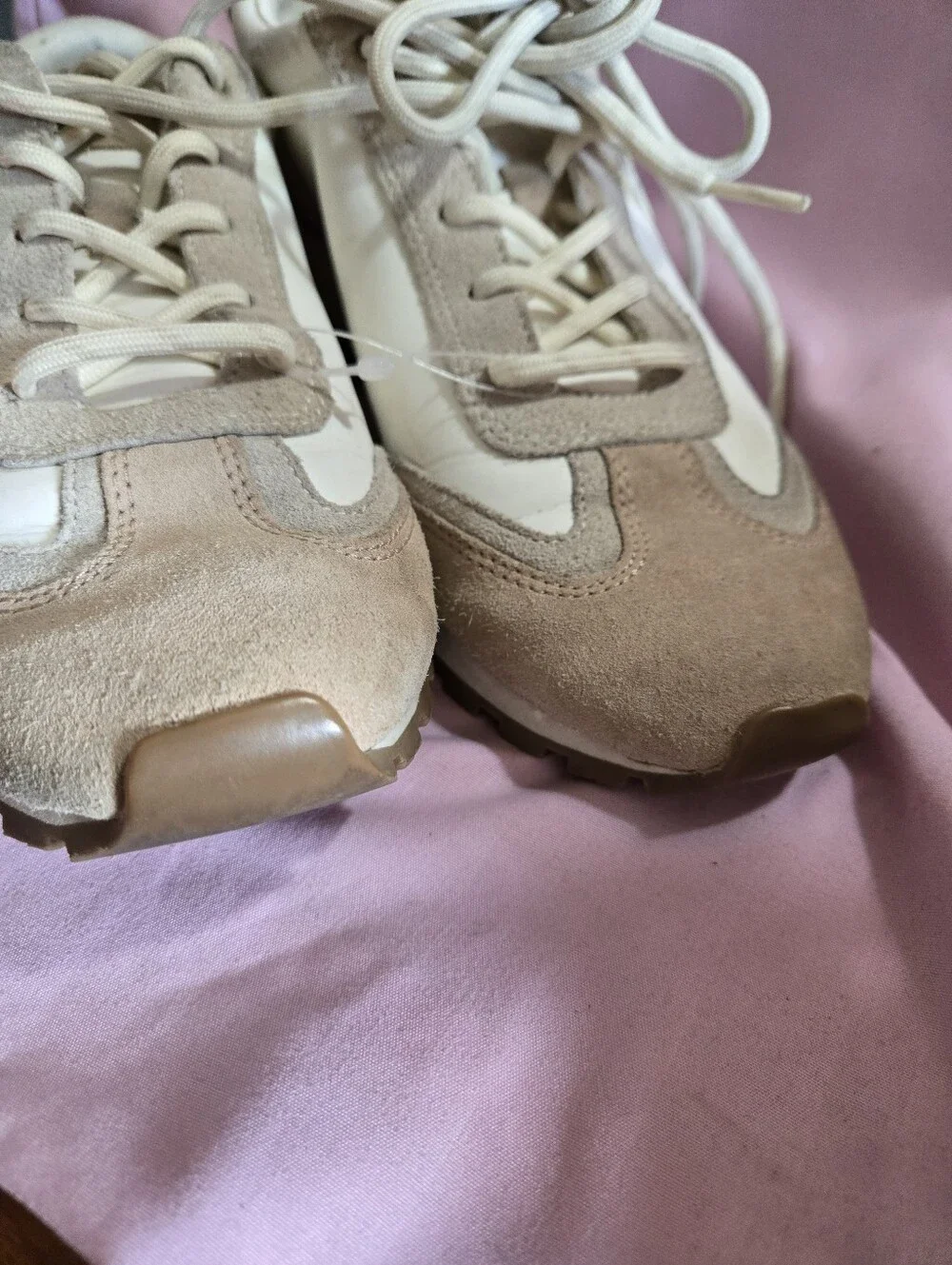Tory Burch Beige & White Nylon, Leather & Suede-Trim Running Sneakers